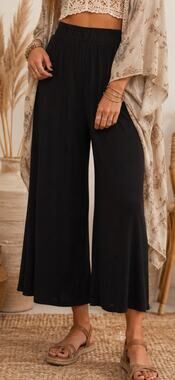 Dressed In Lala Wide Leg Ribbed Pant Black Cropped Capri Stretch Womens Large S